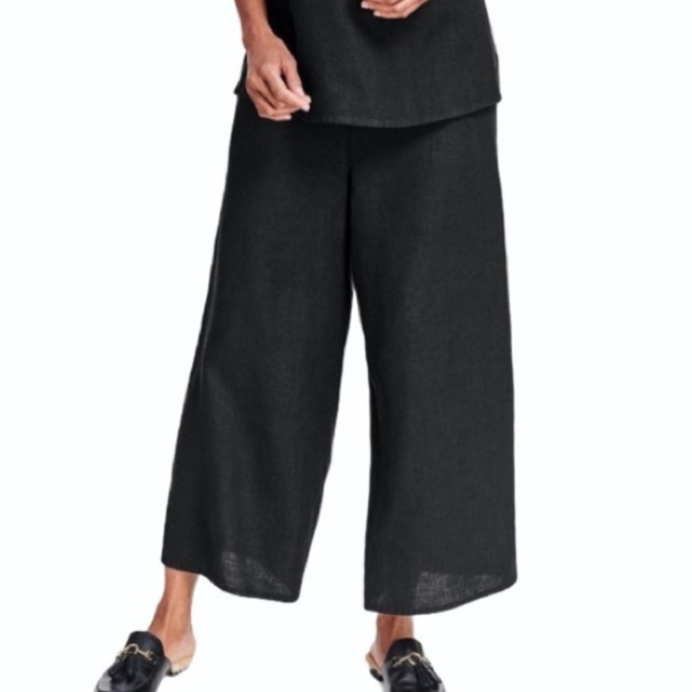 Flax 100% Linen Wide Leg Crop Pants in Black
